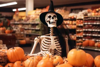 Skeleton in witch costume used as a decoration for Halloween in grocery store.