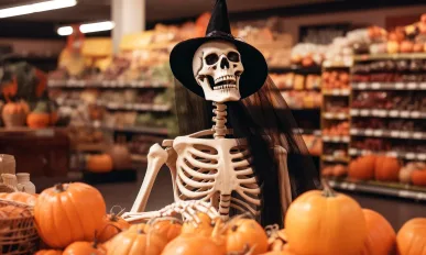 Skeleton in witch costume used as a decoration for Halloween in grocery store.