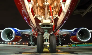 Airplane view from landing gear at night